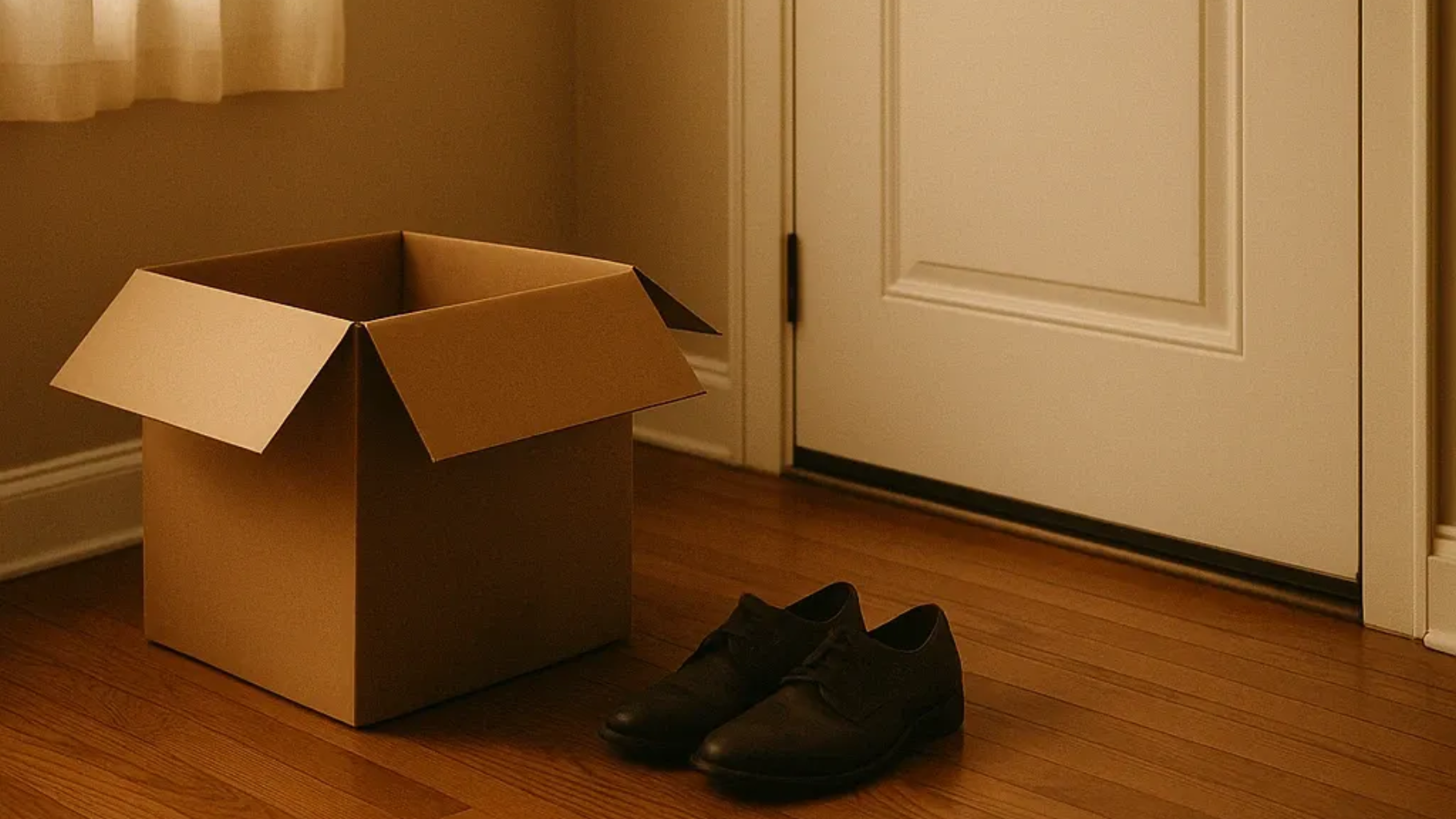 Karton und ein Paar Schuhe neben einer geschlossenen Tür. Innenraum, natürliches Licht.