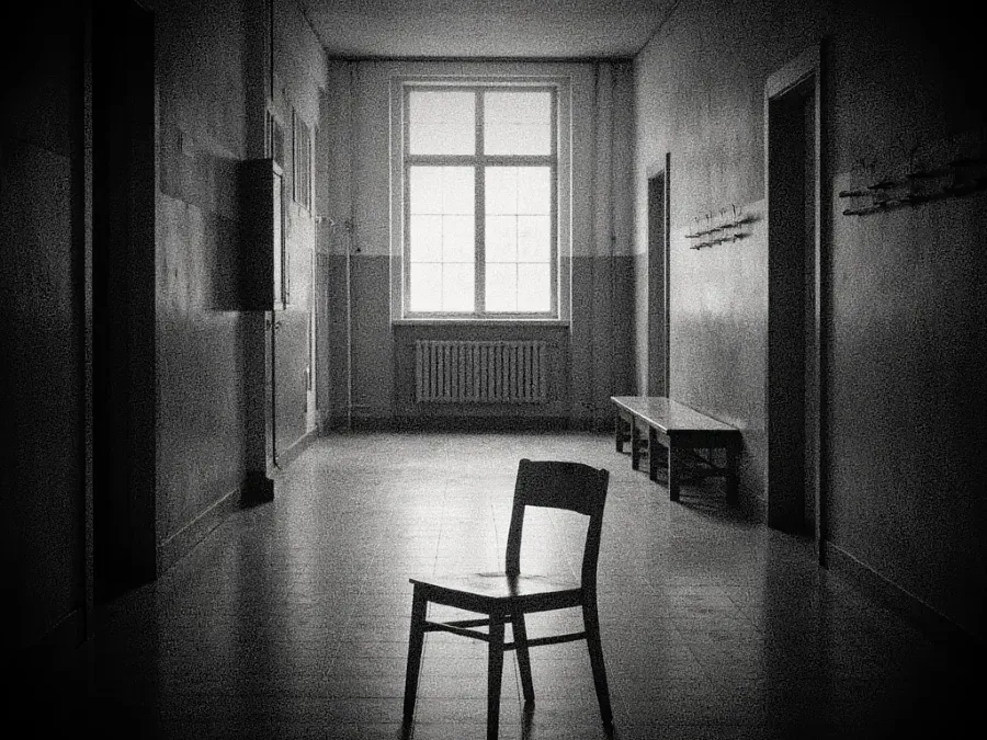 Schwarzweißaufnahme eines leeren Flurs in einem Kinderheim der Nachkriegszeit. Karge Wände, einfache