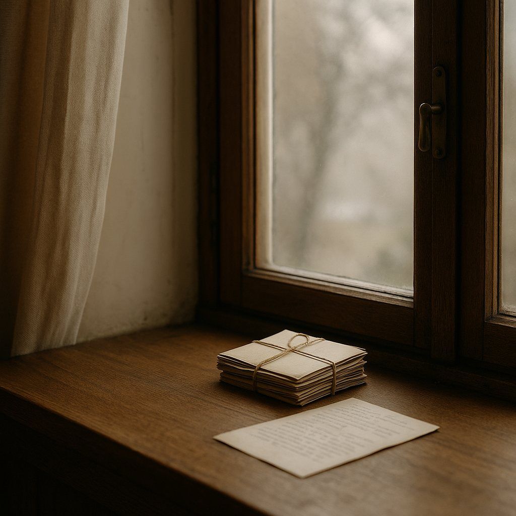 Ein Stapel alter Briefe liegt im warmen Morgenlicht auf einem Holztisch vor einem geöffneten Fenster