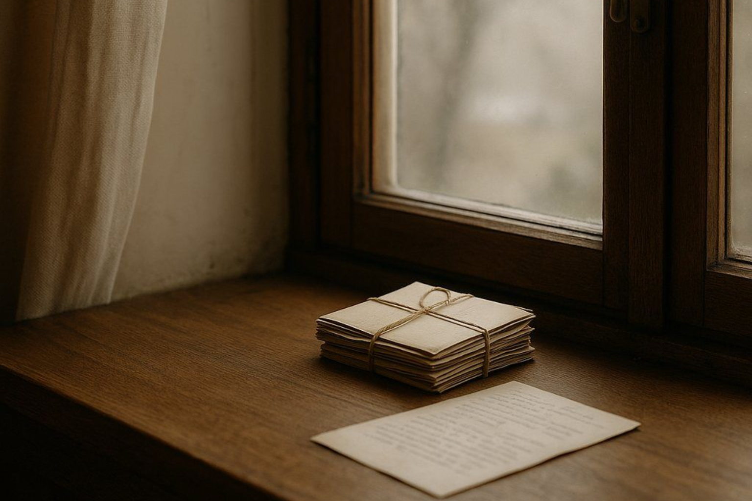 Ein Stapel alter Briefe liegt im warmen Morgenlicht auf einem Holztisch vor einem geöffneten Fenster.