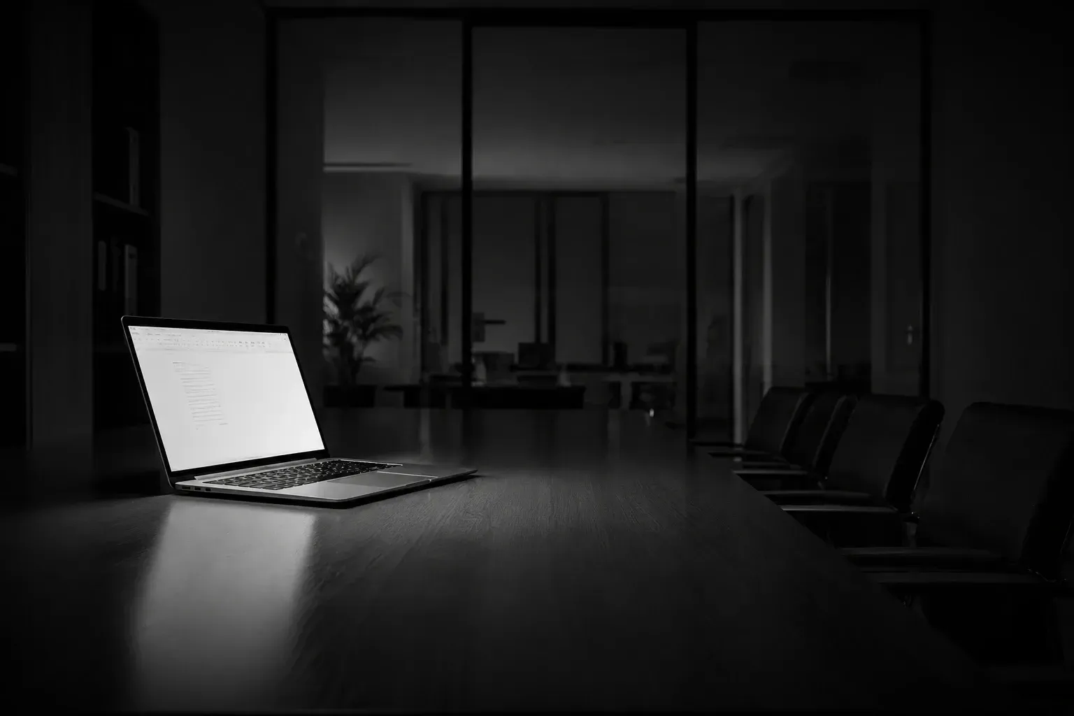 Was meine Zeit im Sprachtraining mich über Grief Tech gelehrt hat: Warum KI als Arbeitgeberbenefit in der Trauer besonders gefährlich ist. Leerer Konferenzraum mit einem aufgeklappten Laptop. S/W düster