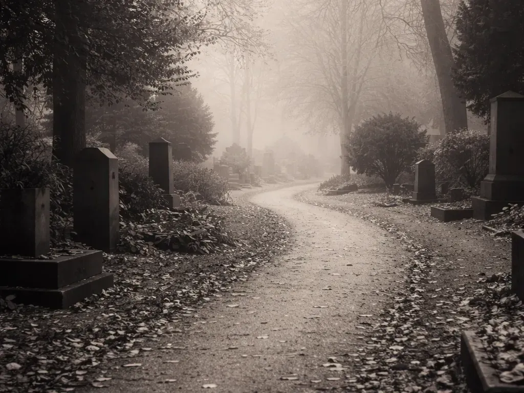 Schwarzweißes Foto eines leeren Friedhofswegs im weichen Licht. Weg führt gebogen zwischen Gräbern