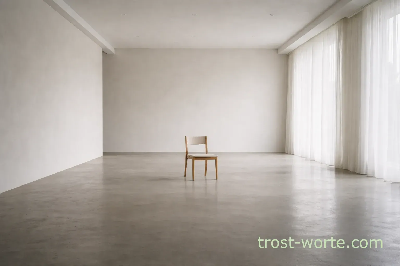 Leerer, minimalistischer Raum mit einem Stuhl. Weiße Wände, grauer Boden transparente Vorhänge