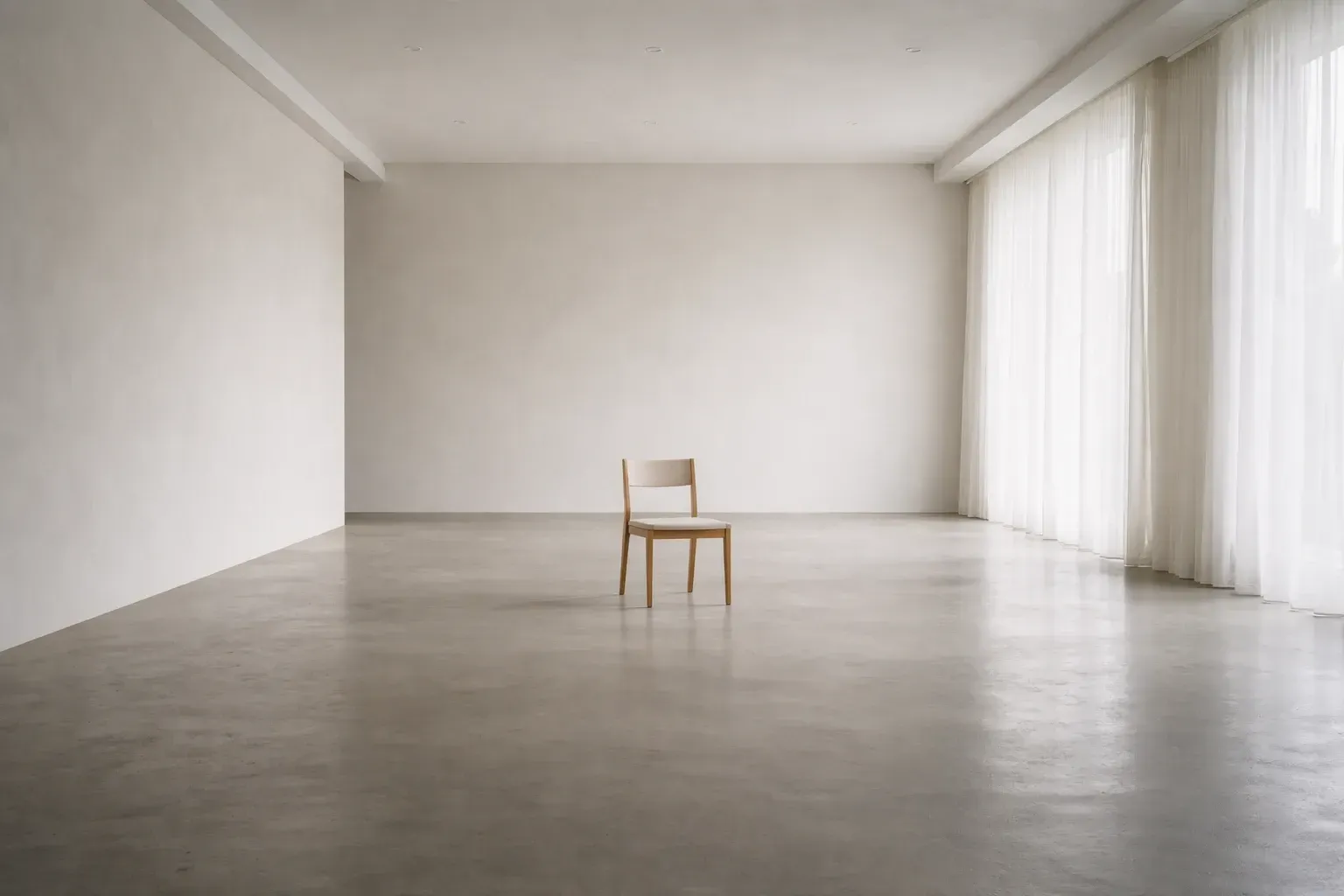 Leerer, minimalistischer Raum mit einem Stuhl. Weiße Wände, grauer Boden transparente Vorhänge