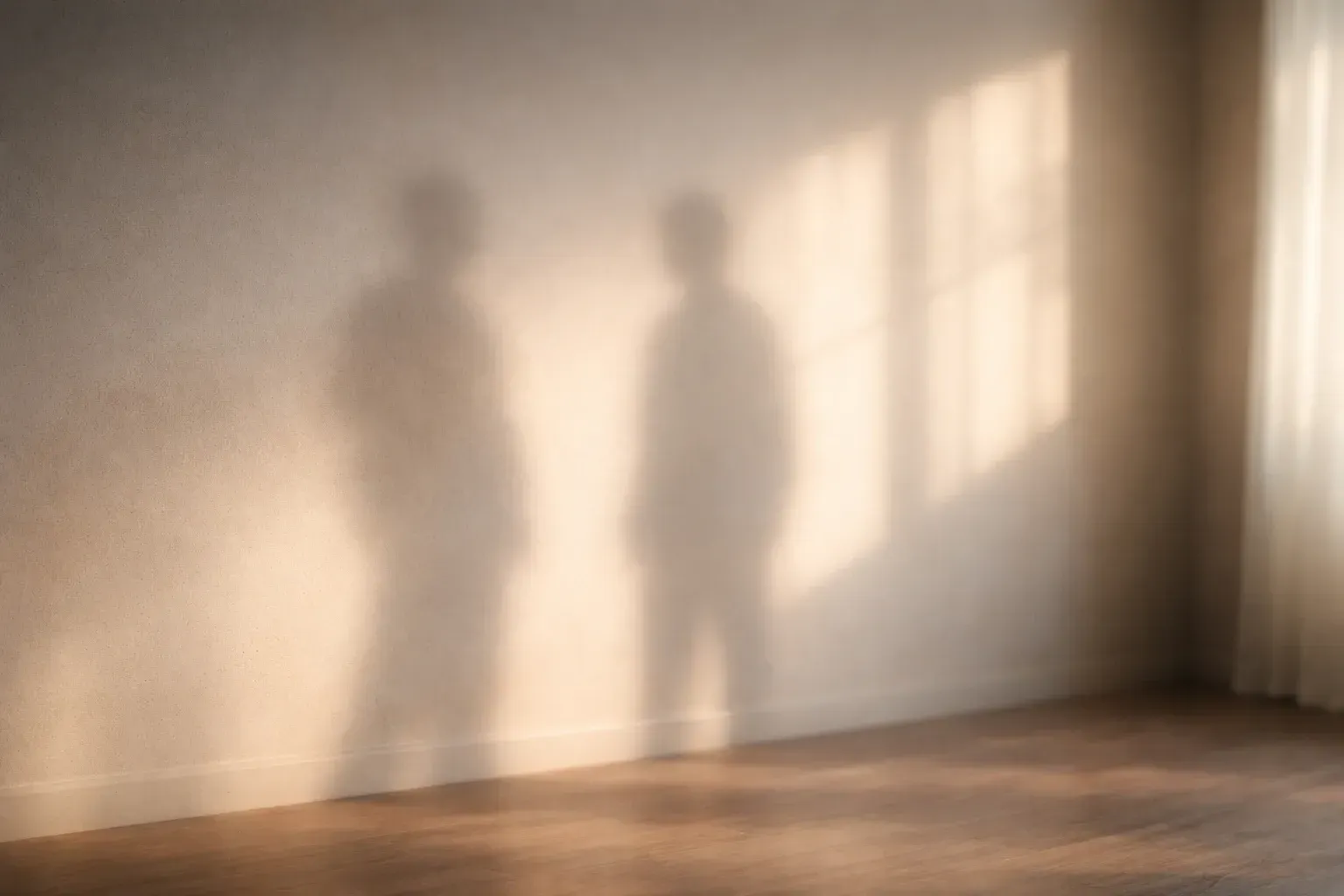 Schatten zweier Personen an einer Wand, die vom Sonnenlicht durch ein Fenster erhellt wird. Leerer Raum.