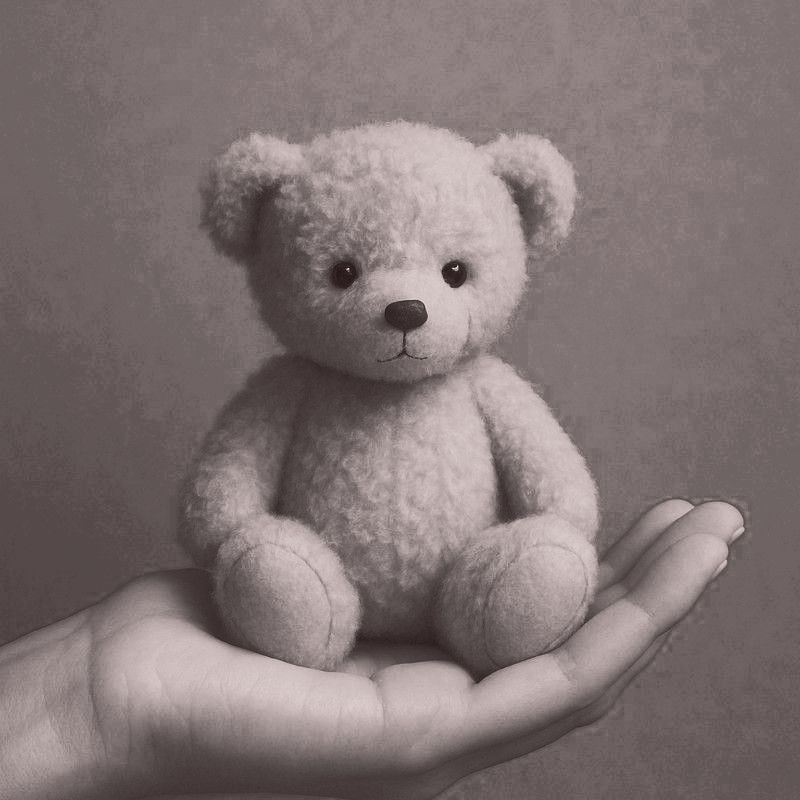 Kleiner Teddybär sitzt in einer geöffneten Hand, vor einfarbigem Hintergrund, in Schwarzweiß aufgeno