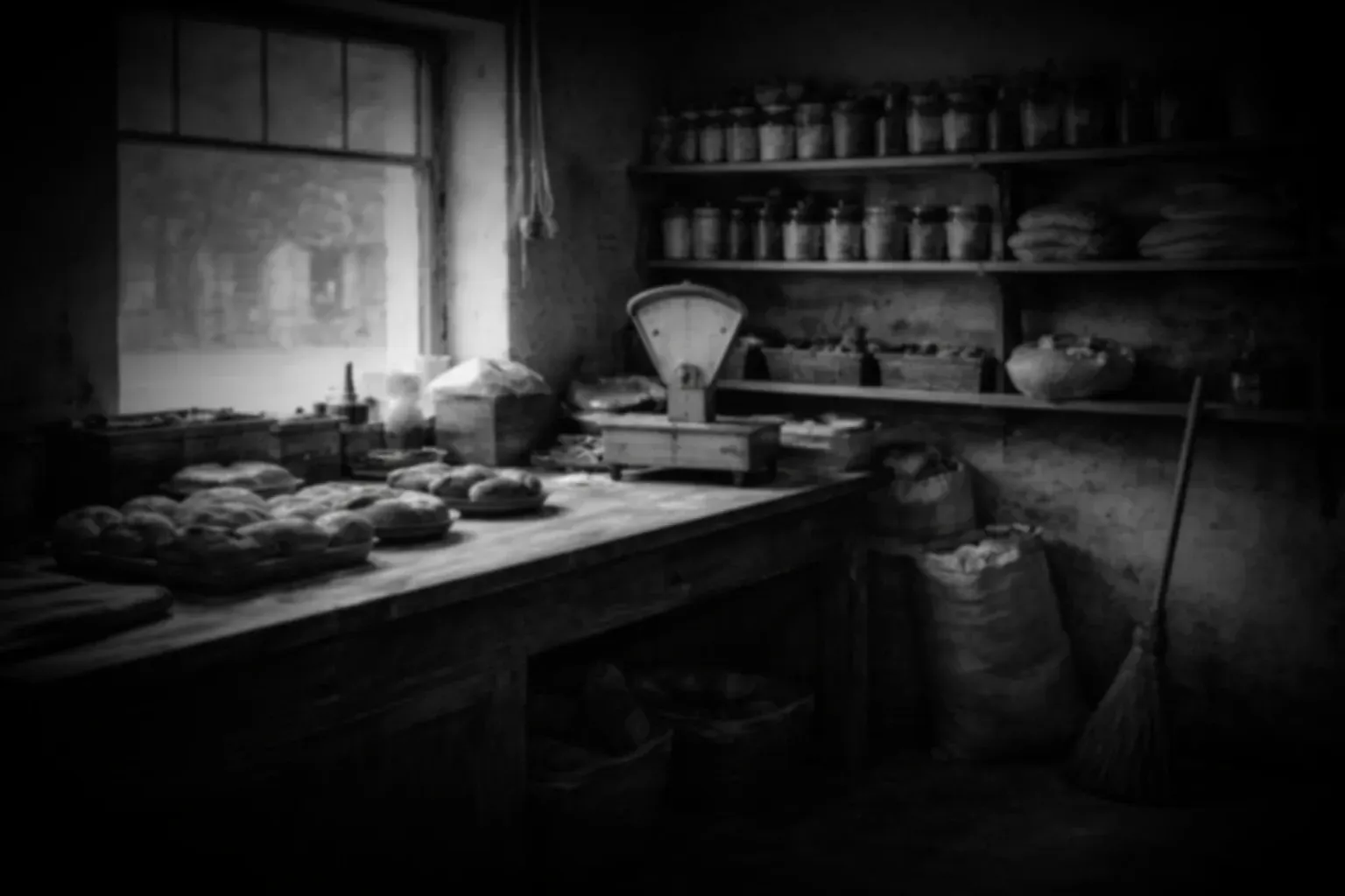 Alte Nachkriegsbäckerei mit Backwaren auf einer Arbeitsplatte s/w