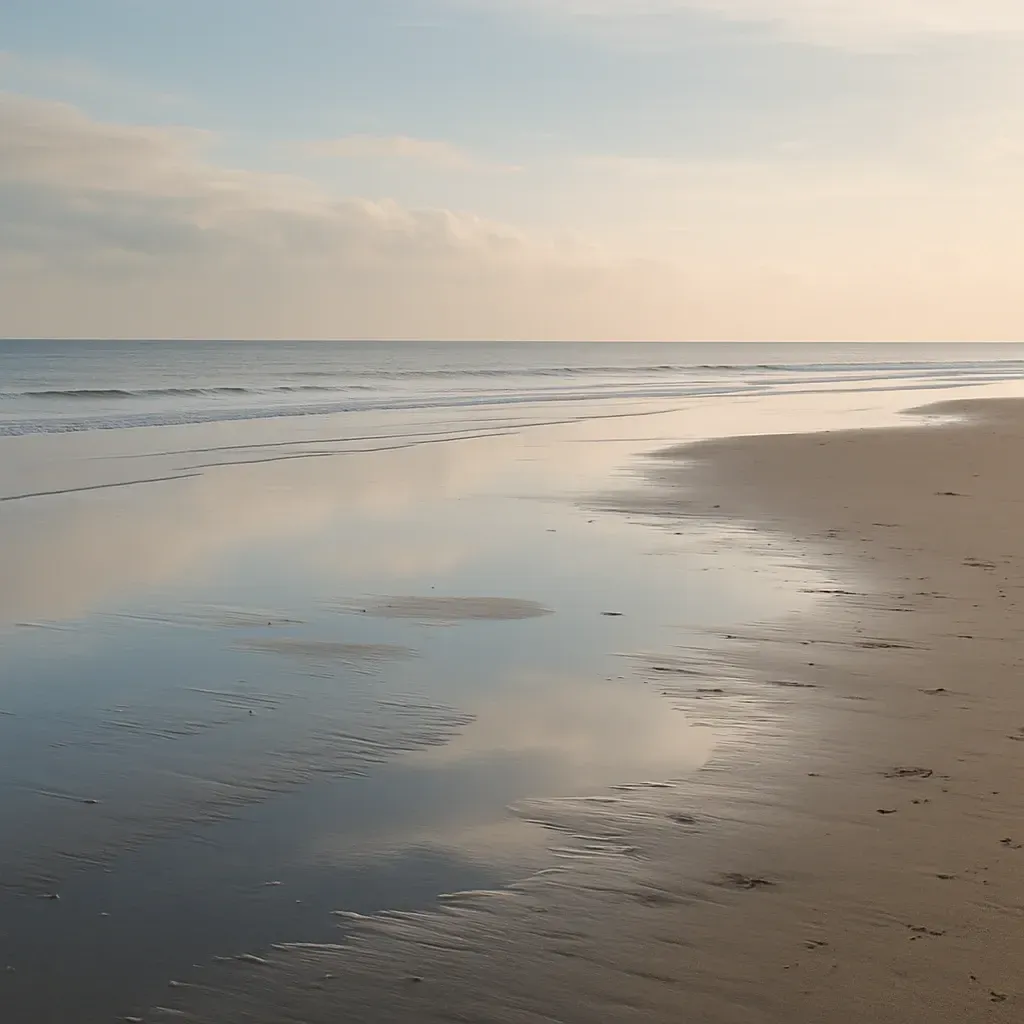 Ruhige Strandlandschaft bei Ebbe, sanftes Winterlicht über feuchtem Sand, stille Weite und zarte Bew