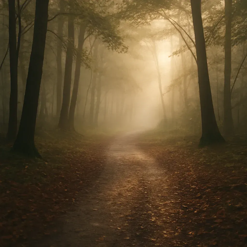 Stiller Waldweg im sanften Morgenlicht, feuchte Blätter glitzern, Nebel liegt zwischen den Bäumen.