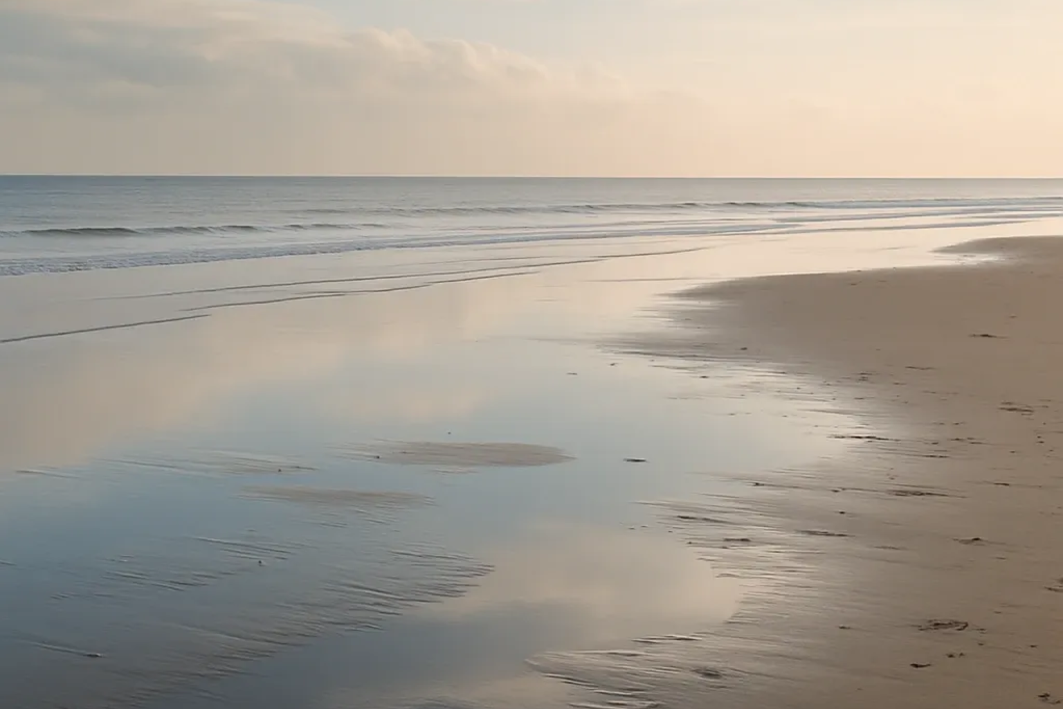 Ruhige Strandlandschaft bei Ebbe, sanftes Winterlicht über feuchtem Sand, stille Weite und zarte Bewegung des Meeres.