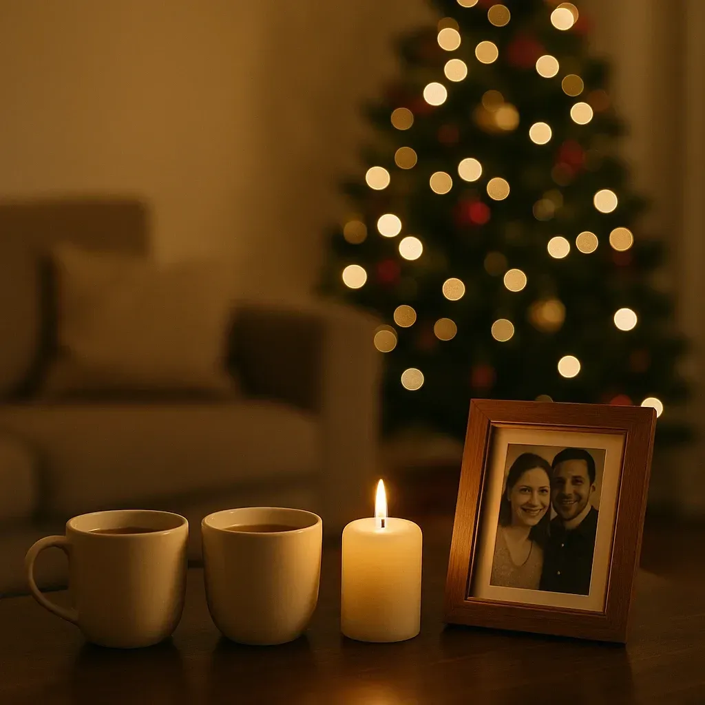 Kerze, Foto und zwei Tassen Tee vor einem Weihnachtsbaum – Symbol für Erinnerung und stille Liebe an Heiligabend.