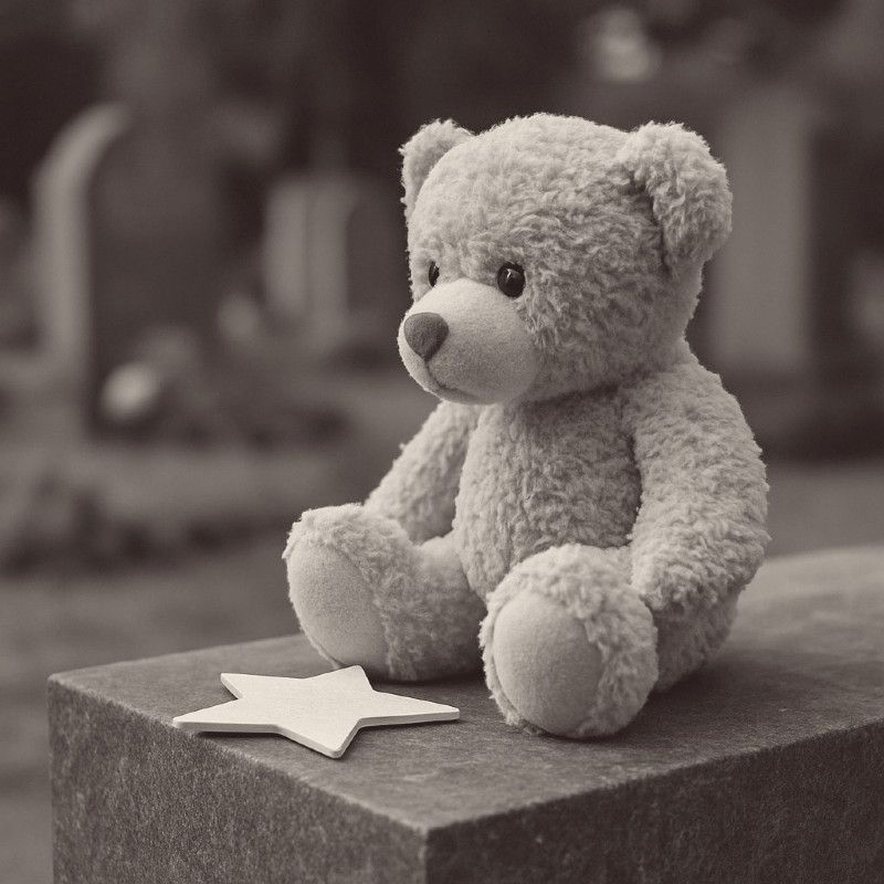 Grauer Stoffteddy sitzt auf einem Grabstein neben einem kleinen weißen Stern, unscharfer Friedhofshintergrund.