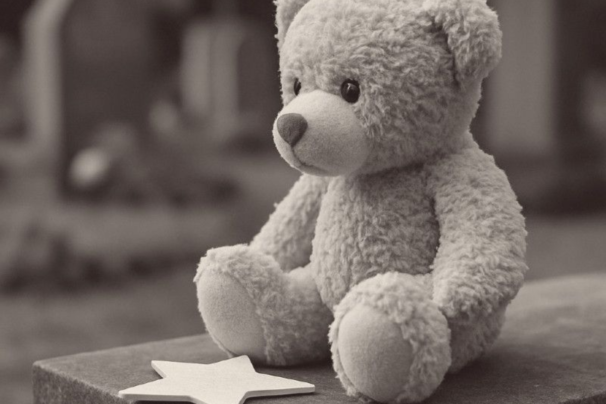 Trauer um ein Sternenkind Grauer Stoffteddy sitzt auf einem Grabstein neben einem kleinen weißen Stern, unscharfer Friedhofshintergrund.