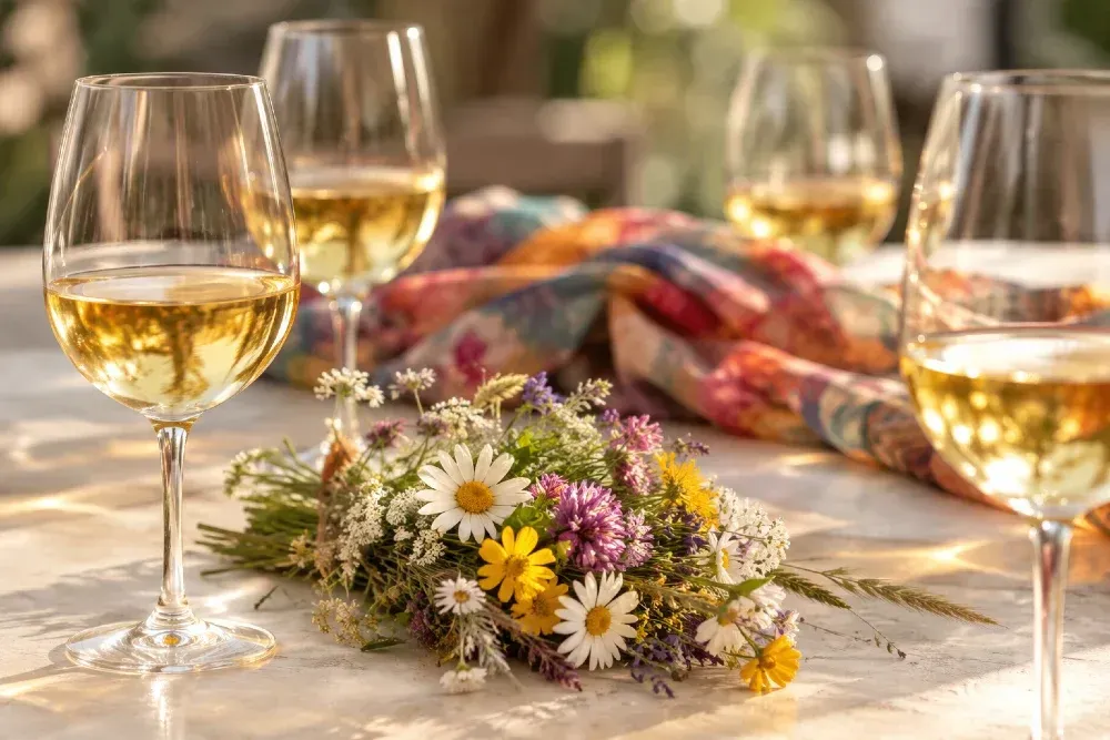 Sie war Ihre beste Freundin, er Ihr bester Freund. Wie eine Trauerrede für Freunde entsteht, auch wenn Sie nicht die Familie sind. Trauerrednerin Rhein-Neckar. Gläser mit goldgelbem Wein auf einem Tisch, dahinter ein bunter Schal und ein Blumenstrauß
