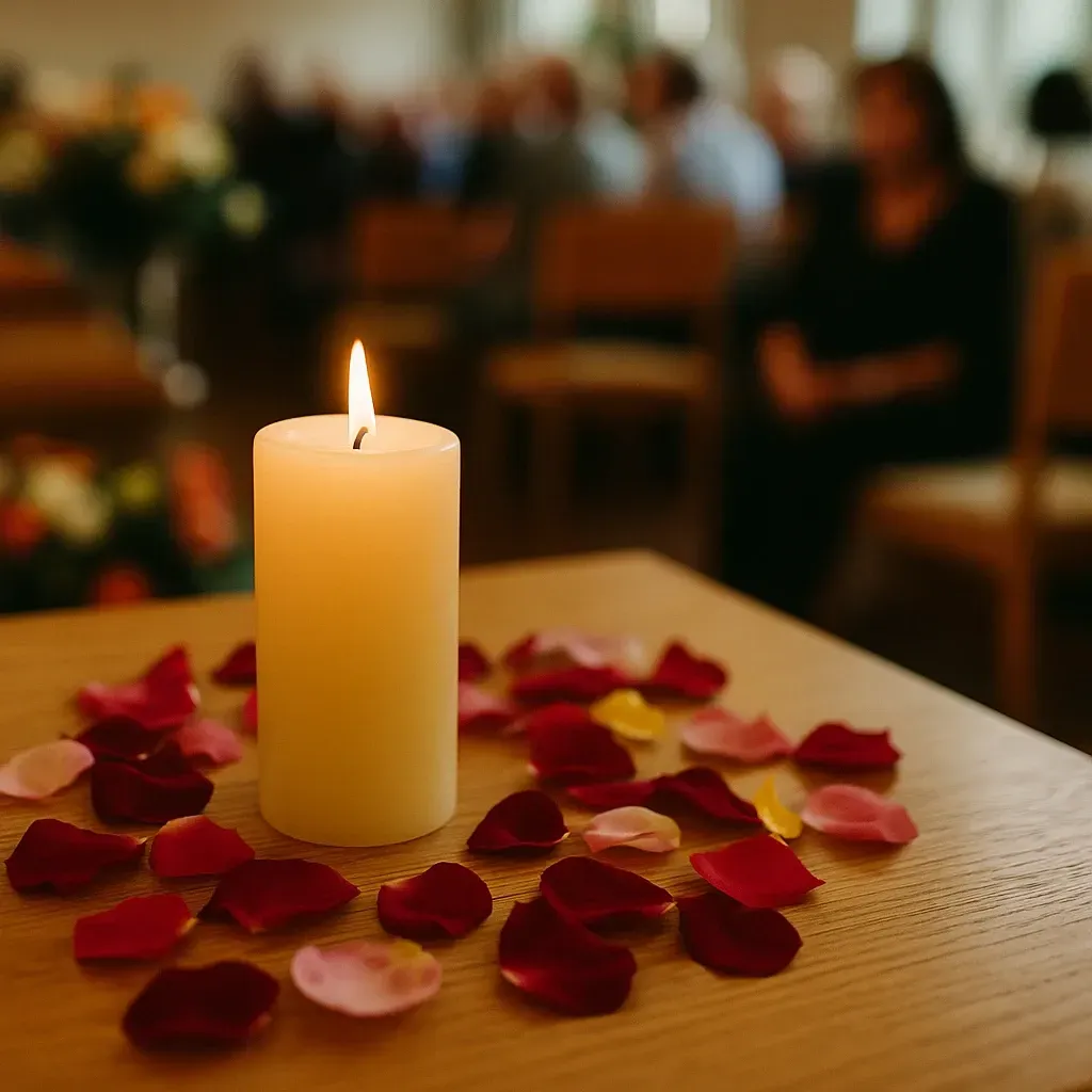 Burning candle on a table with flower petals, people in the background at a funeral.