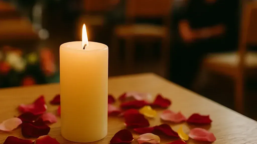Kerze mit Flamme, umgeben von Rosenblättern, auf einem Tisch bei einer Gedenkfeier.