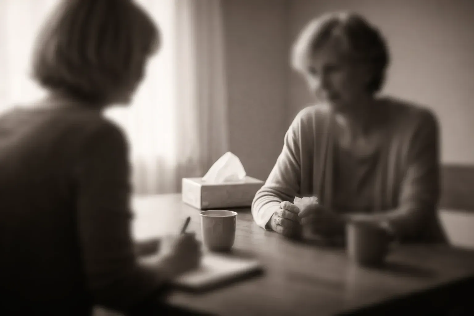 Zwei Frauen in einem ruhigen Gespräch, eine ältere Frau erzählt, die andere hört aufmerksam zu – Symbolbild für tiefe Trauerbegleitung