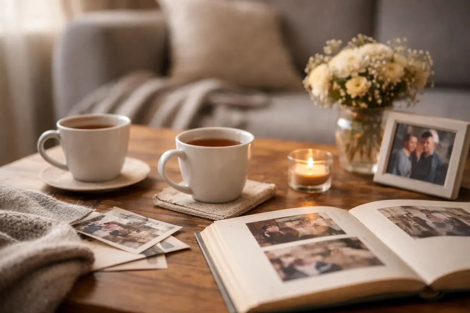 Zwei Teetassen, ein Fotoalbum und alte Fotos auf einem Holztisch, daneben eine Kerze und ein Blumenstrauß.