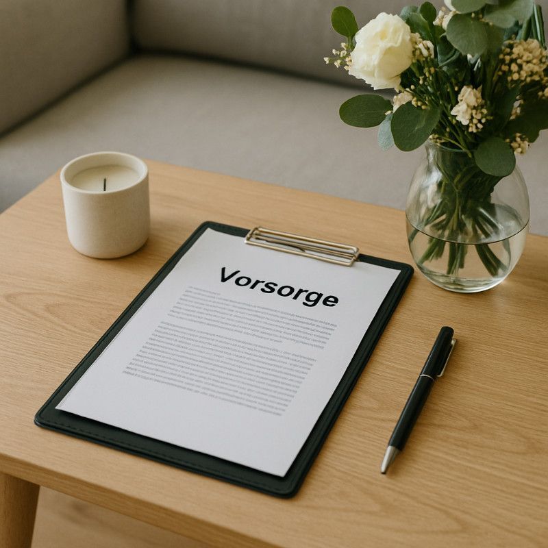 Ein Blatt mit der Aufschrift „Vorsorge“ liegt auf einem Holztisch, daneben ein Stift und eine brennende Kerze.