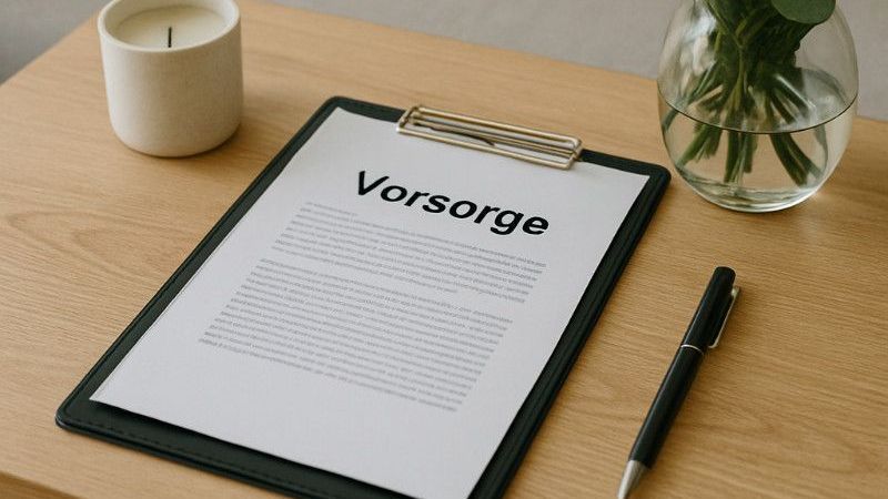Klemmbrett mit Dokument mit dem Titel „Vorsorge“ auf Holzschreibtisch, mit Stift, Kerze und Blumenvase.