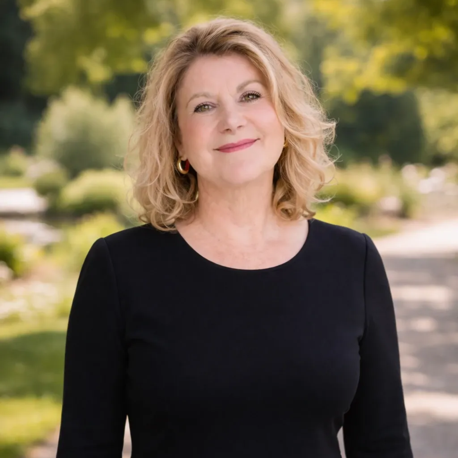 TrostWorte Patricia Rind Was macht eine freie Trauerrednerin? Aufgaben, Ablauf und Haltung bei einer Trauerfeier in der Metropolregion Rhein Neckar verständlich erklärt. Eine Frau mit schulterlangem blonden Haar lächelt warmherzig und trägt ein schwarzes Langarmshirt im Freien in einem Park.