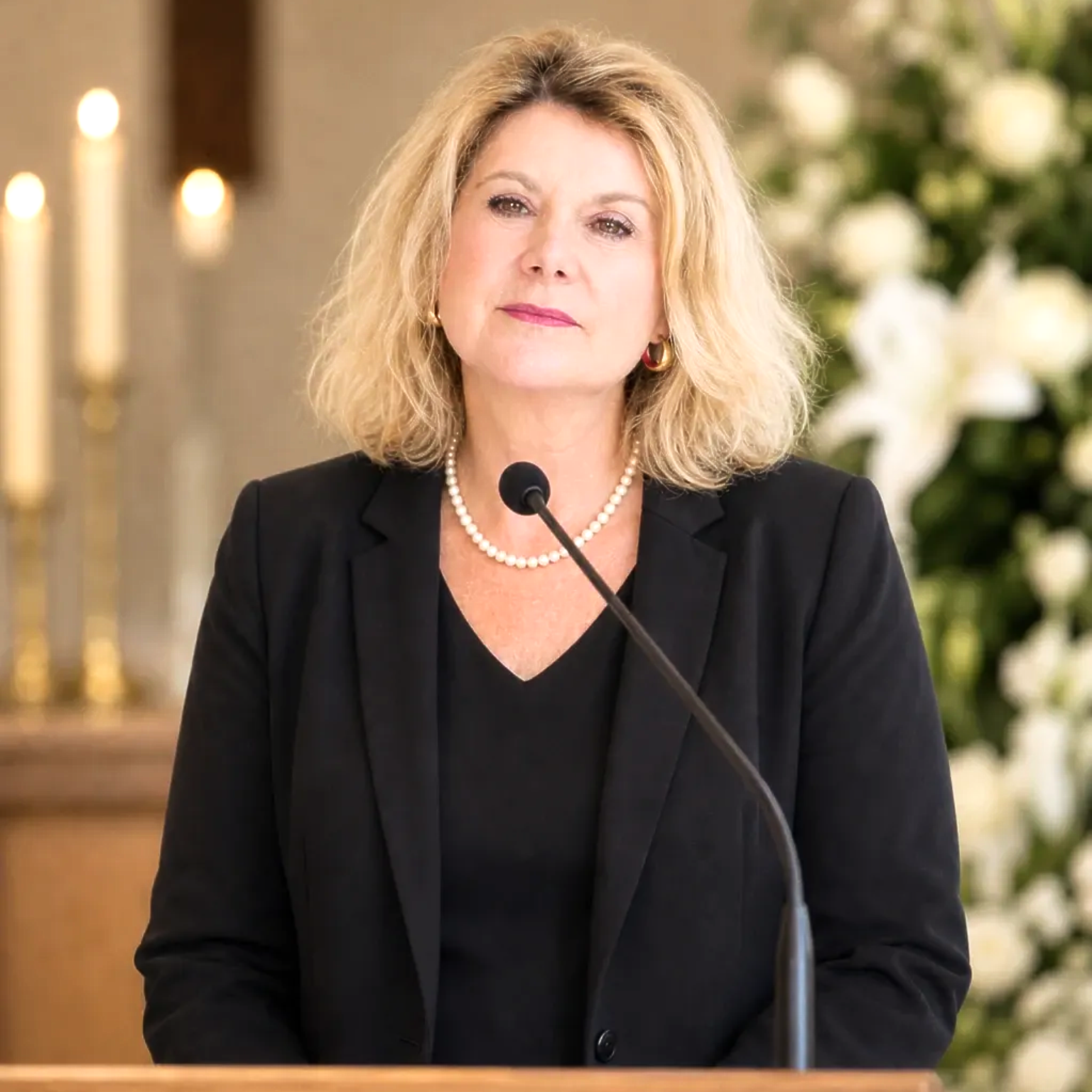 TrostWorte Patricia Rind Die Trauerrede Ich bin für Sie da Eine Frau im schwarzen Blazer und mit einer Perlenkette steht an einem Mikrofon und hält eine Trauerrede.