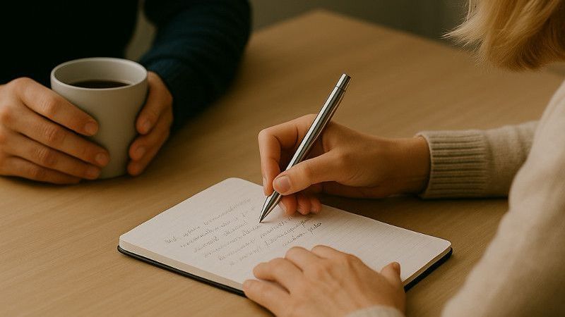 Eine Person schreibt an einem Tisch in ein Notizbuch, eine andere Person hält eine Kaffeetasse; neutrale Töne.