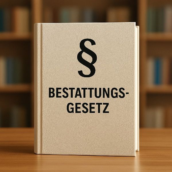 Ein Gesetzbuch mit dem Titel „Bestattungsgesetz“ mit einem Absatzsymbol auf einem Holztisch vor Büch