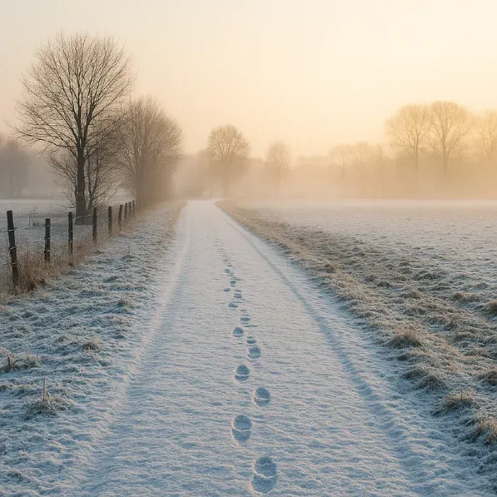 Schneebedeckter Weg mit Fußspuren, Bäumen und Nebel an einem Wintertag.