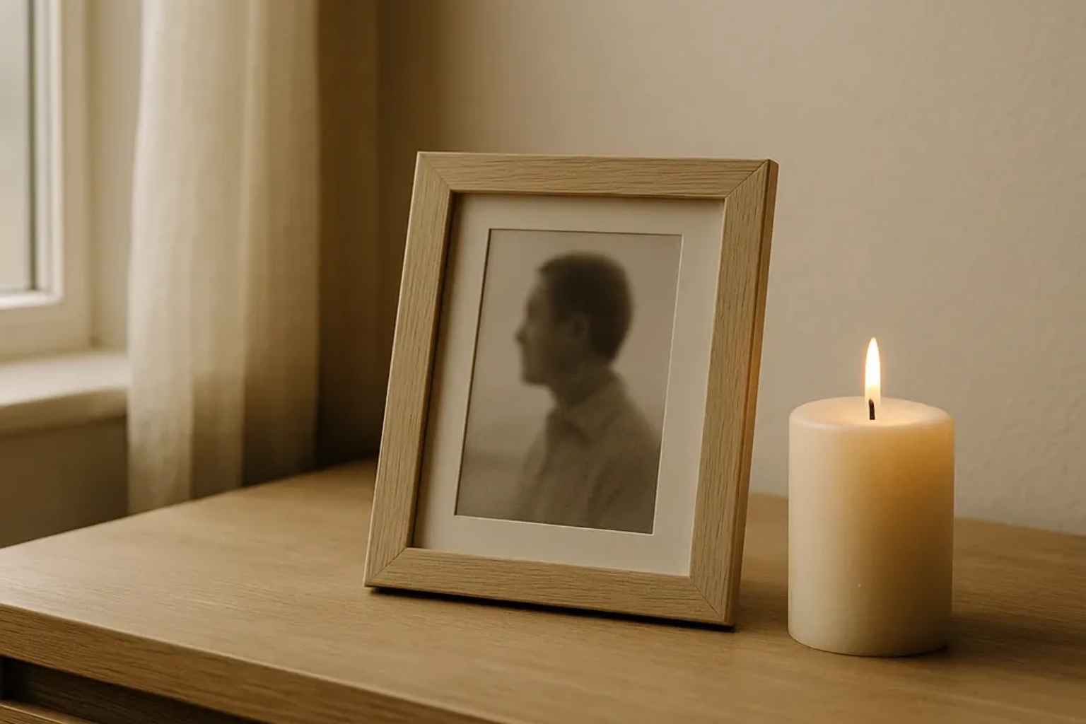 Ein Foto in einem Holzrahmen neben einer brennenden Kerze im warmen Tageslicht.