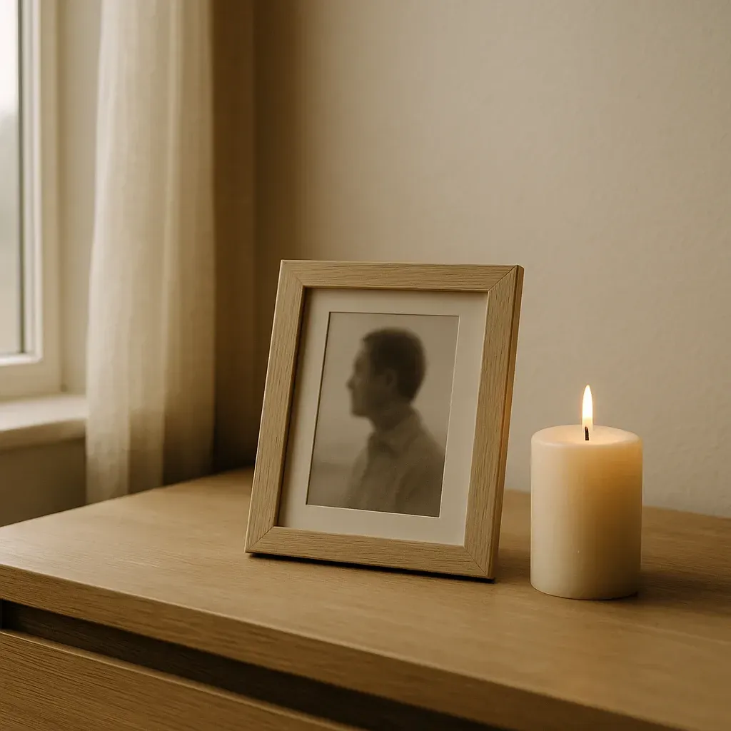 Was bleibt, wenn ein Mensch geht Ein Foto in einem Holzrahmen neben einer brennenden Kerze im warmen Tageslicht.