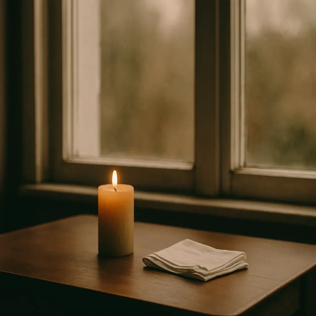 Wenn Trauer an Feiertagen plötzlich laut wird Eine brennende Kerze und ein gefaltetes Taschentuch auf einem Tisch vor einem Fenster im weichen Tageslicht.