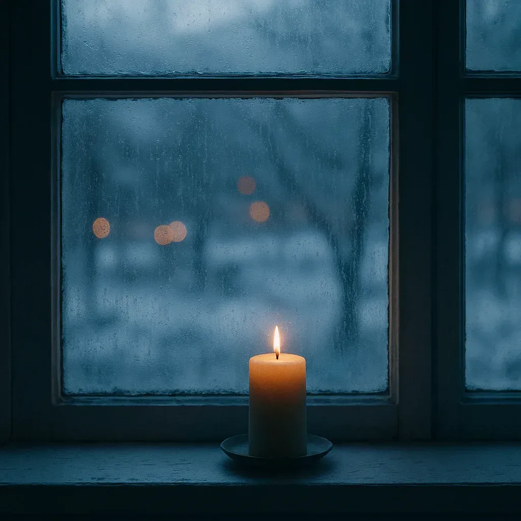 Eine brennende Kerze auf einer Fensterbank, draußen warme goldene Lichter im unscharfen Hintergrund.