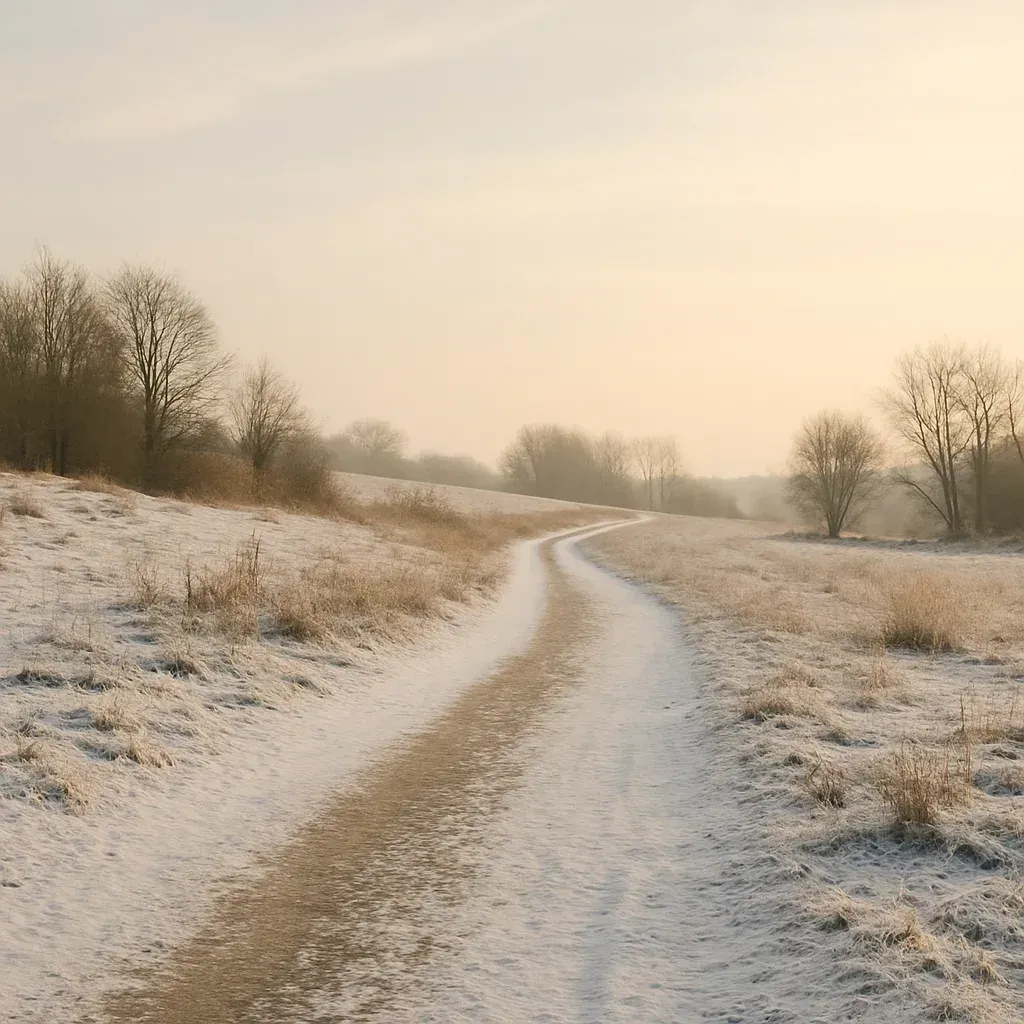 Ein schmaler Weg führt durch eine leicht verschneite Winterlandschaft im weichen Morgenlicht.