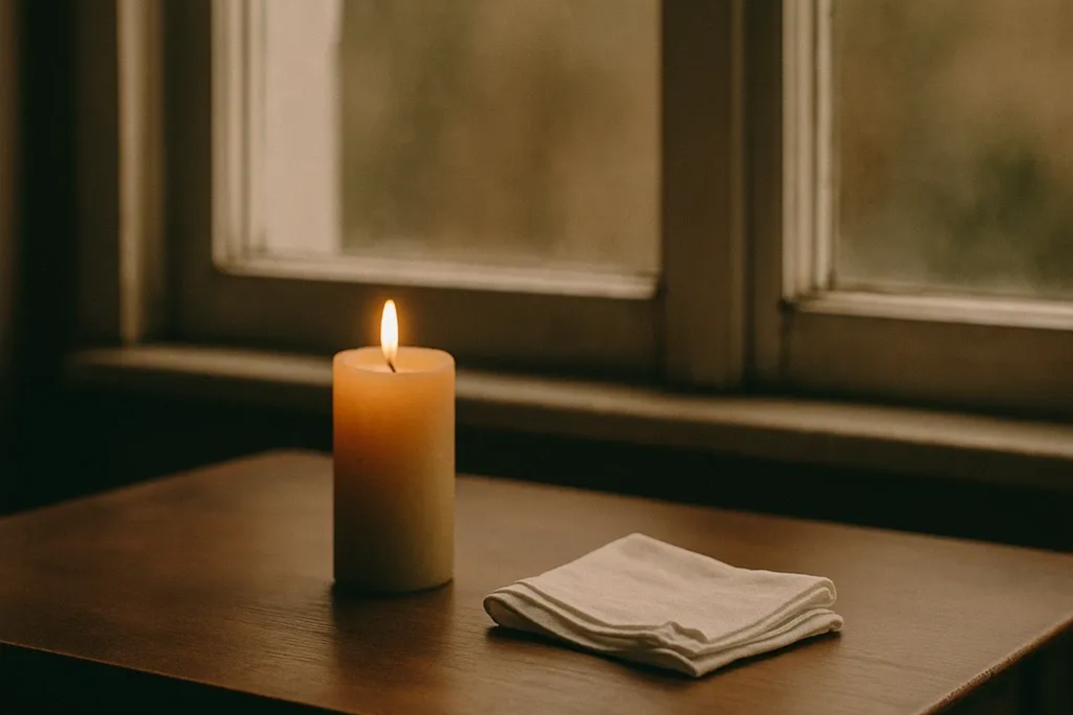Wenn Trauer an Feiertagen plötzlich laut wird Eine brennende Kerze und ein gefaltetes Taschentuch auf einem Tisch vor einem Fenster im weichen Tageslicht.