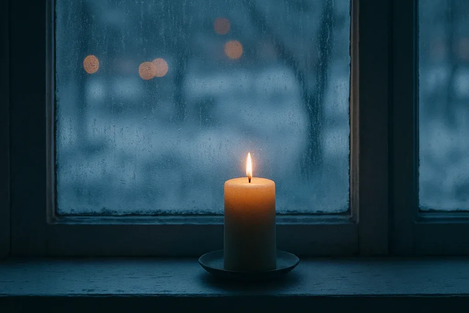 Eine brennende Kerze auf einer Fensterbank, draußen warme goldene Lichter im unscharfen Hintergrund.