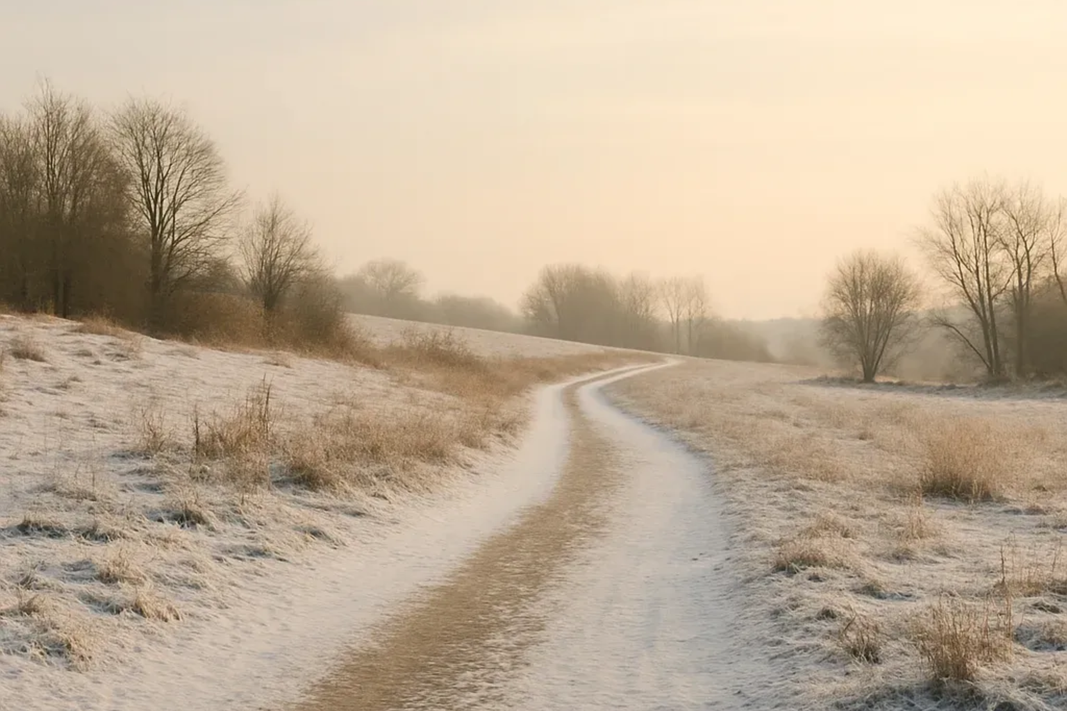 Ein schmaler Weg führt durch eine leicht verschneite Winterlandschaft im weichen Morgenlicht.