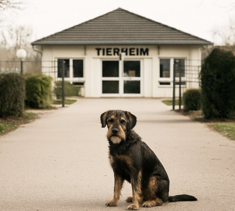 Ein Hund sitzt allein vor einem Tierheim-Eingang mit dem Schriftzug „Tierheim“ über der Tür.