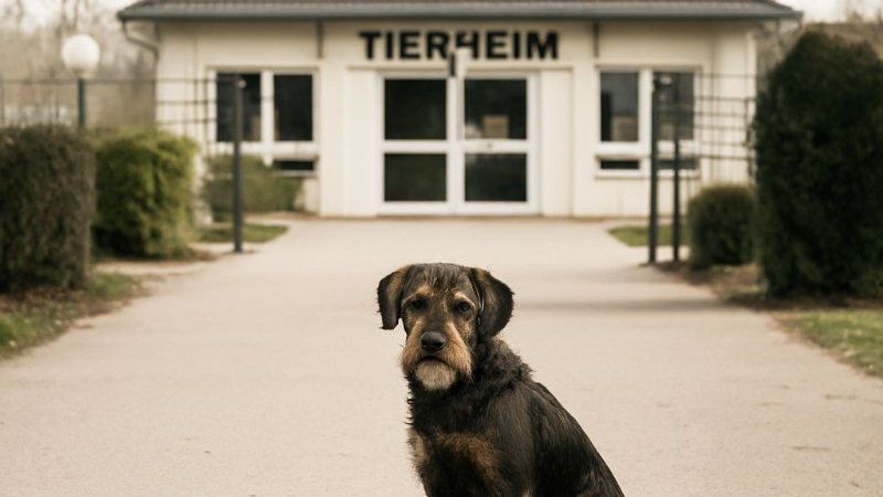Hund sitzt vor einem Gebäude mit dem Wort „TIERHEIM“ über dem Eingang.