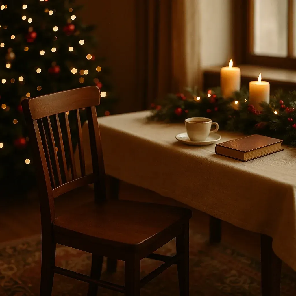 Ein Holzstuhl steht vor einem Tisch, auf dem ein Buch, eine Tasse Kaffee, Kerzen und ein geschmückter Weihnachtsbaum stehen.