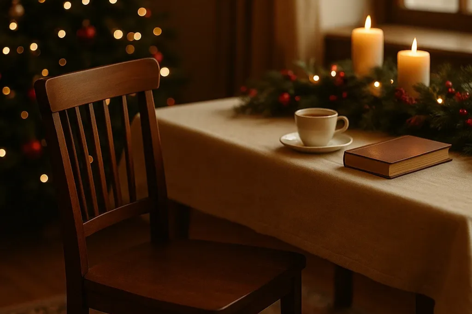 Wie Trauer verändert – und warum darin auch Wachstum liegt Ein Holzstuhl steht vor einem Tisch, auf dem ein Buch, eine Tasse Kaffee, Kerzen und ein geschmückter Weihnachtsbaum stehen.