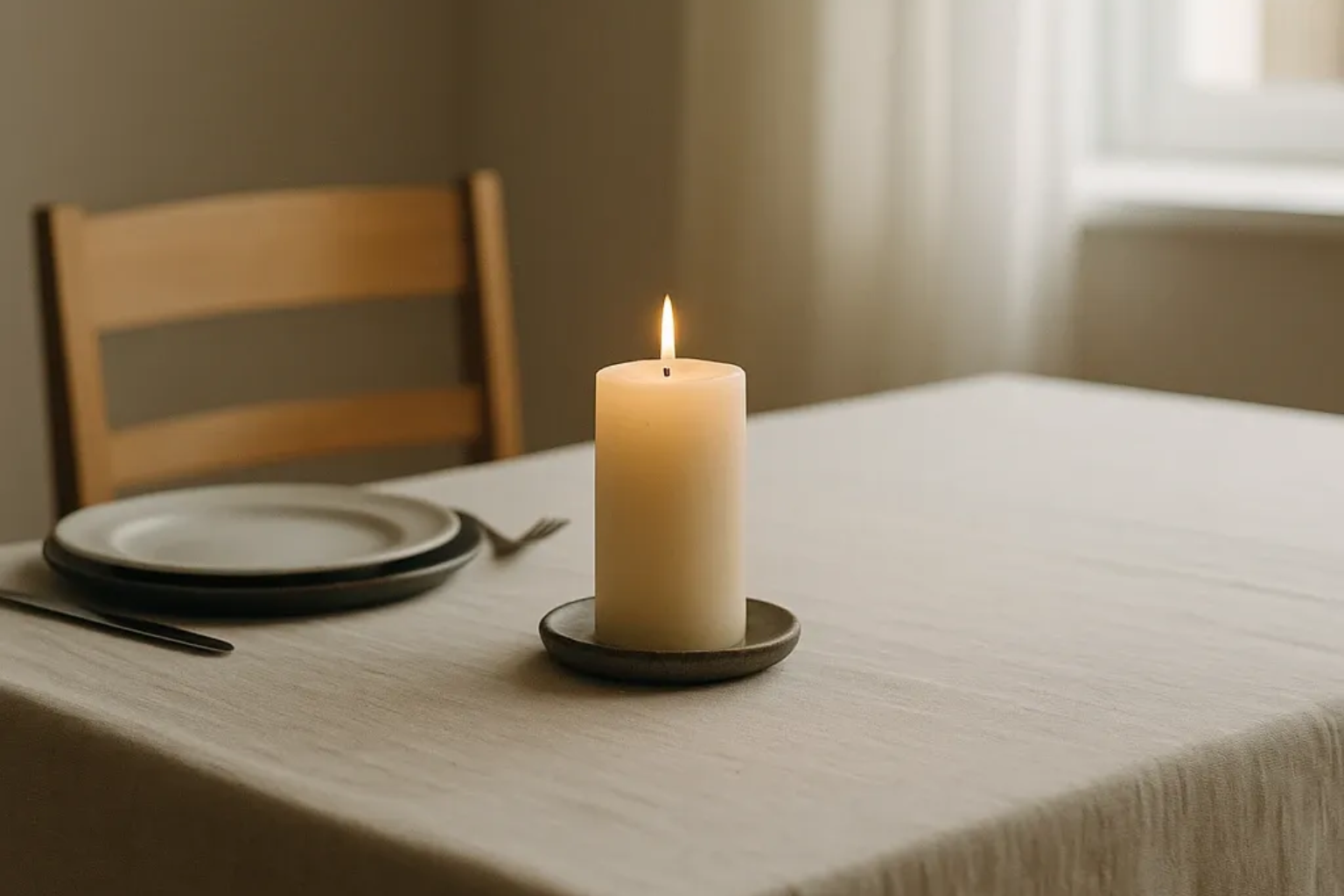 Ein gedeckter Tisch mit einem leeren Stuhl und einer brennenden Kerze im warmen Tageslicht.