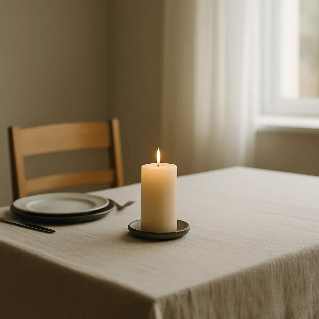Feiertage zwischen Erinnerung und Gegenwart. Ein gedeckter Tisch mit einem leeren Stuhl und einer brennenden Kerze im warmen Tageslicht.