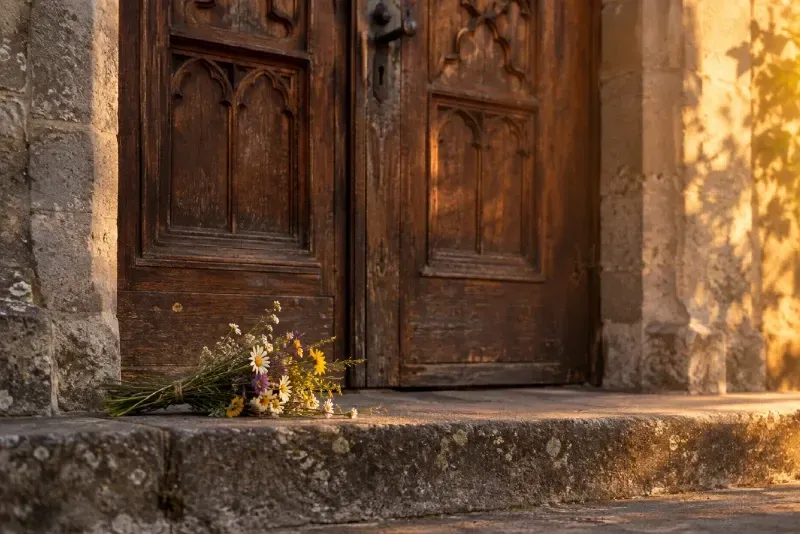 Wenn der Pfarrer die Beerdigung verweigert Geschlossene Holztür einer Kirche mit einem Strauß Wiesenblumen auf der Steinstufe im Abendlicht
