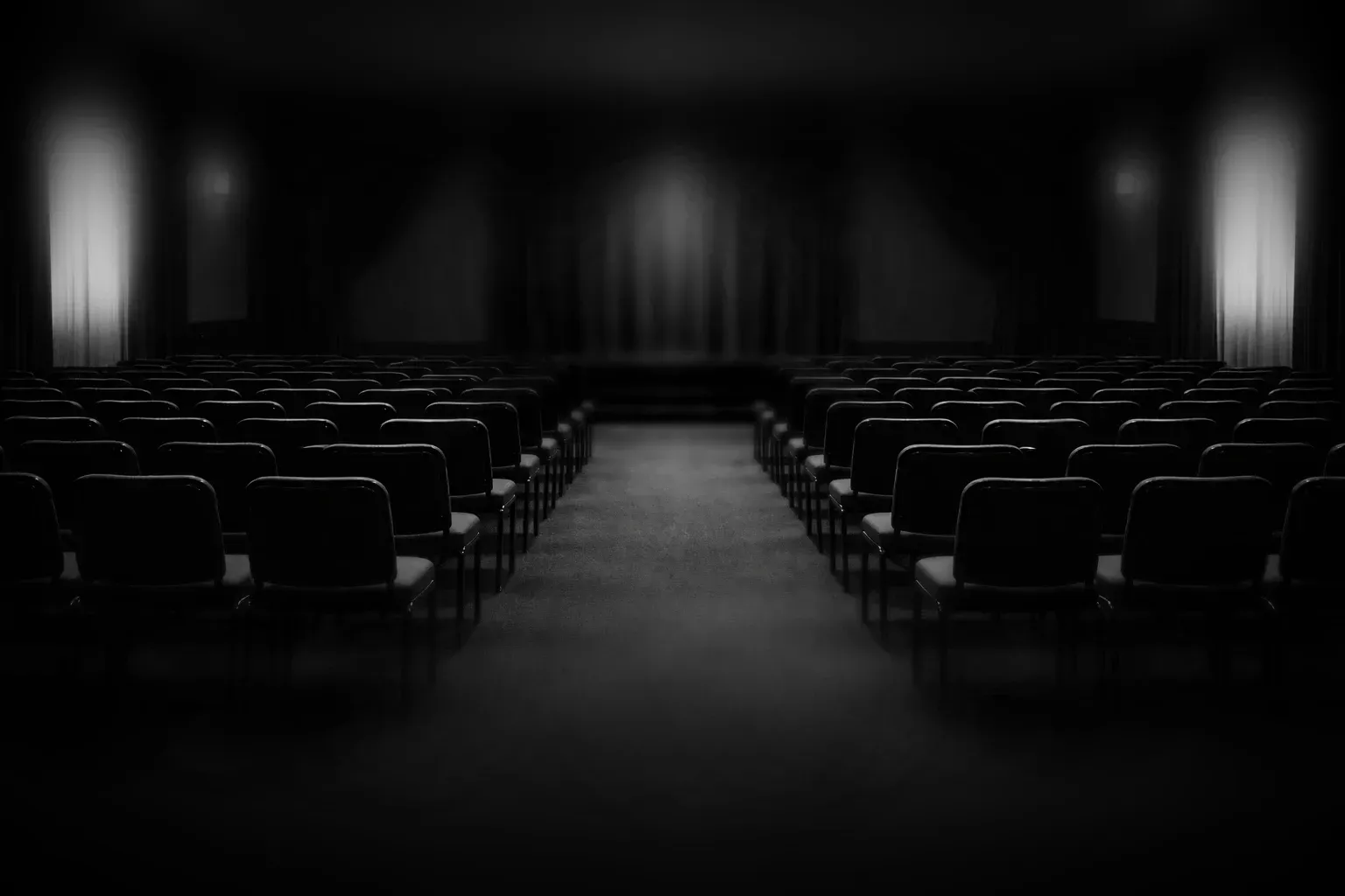 Leere Stuhlreihen in einer Trauerhalle, Schwarzweißfotografie, Blick zum Podium, gedämpftes Licht