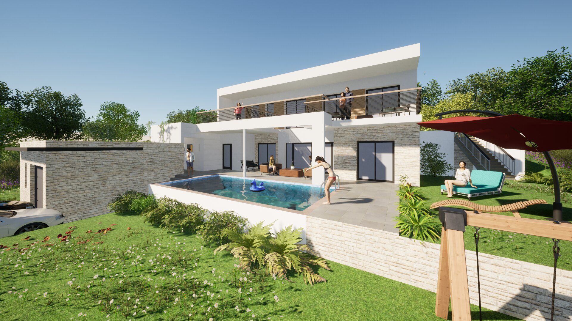 Villa moderne avec piscine, terrasse et jardin paysager sous un ciel dégagé