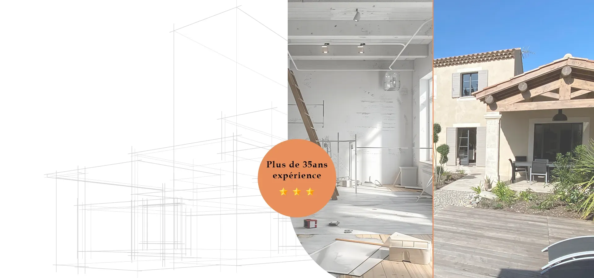 Collage de rénovation architecturale montrant un intérieur blanc en construction et l'extérieur d'une petite maison en stuc