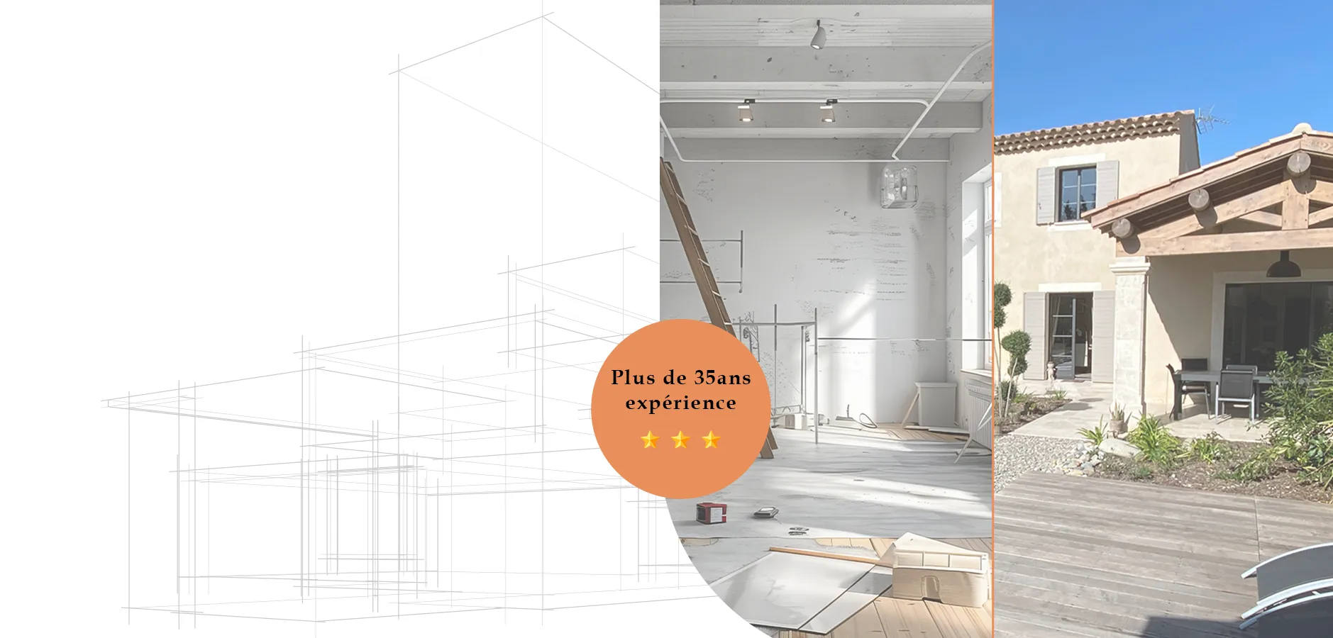 Rendu d'une rénovation intérieure à côté d'une façade de maison ensoleillée et d'une terrasse