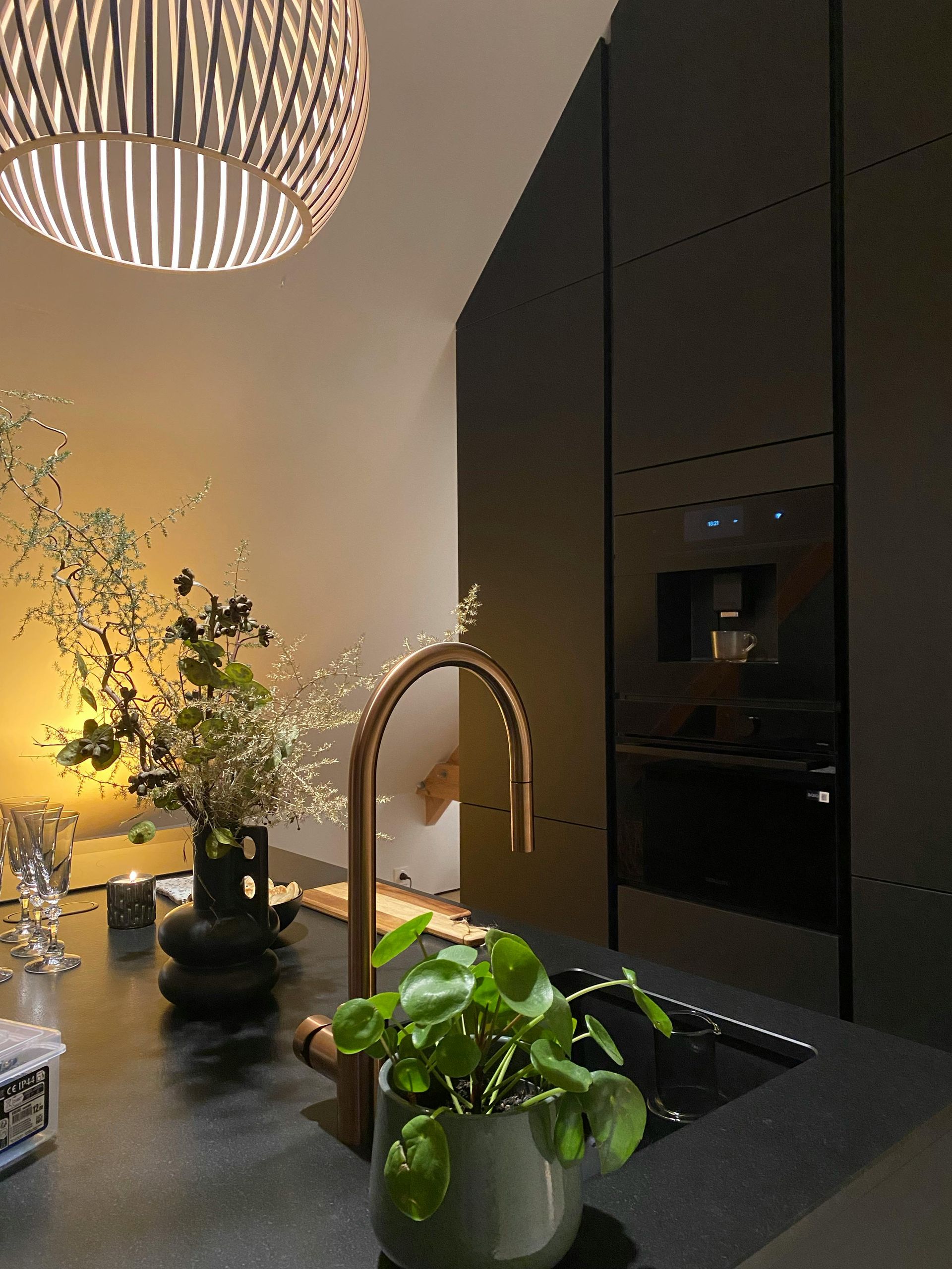 Cuisine moderne avec placards noirs, robinet en laiton et plantes en pot sur un plan de travail foncé.