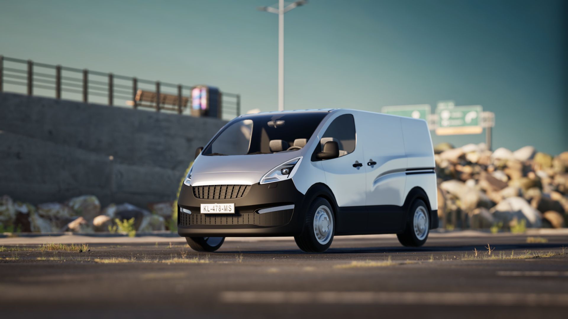 Fourgonnette blanche à châssis inférieur noir roulant sur l'asphalte près d'une structure en béton.